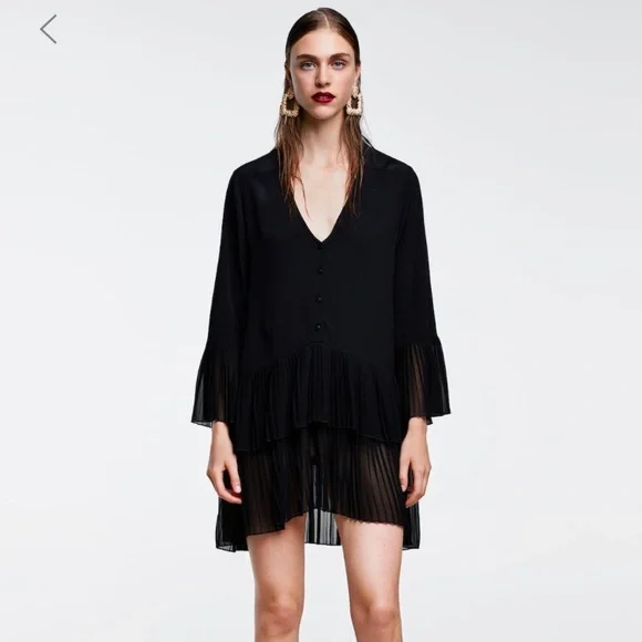 ZARA PLEATED RUFFLE DRESS TUNIC BLOUSE - Picture 3 of 3